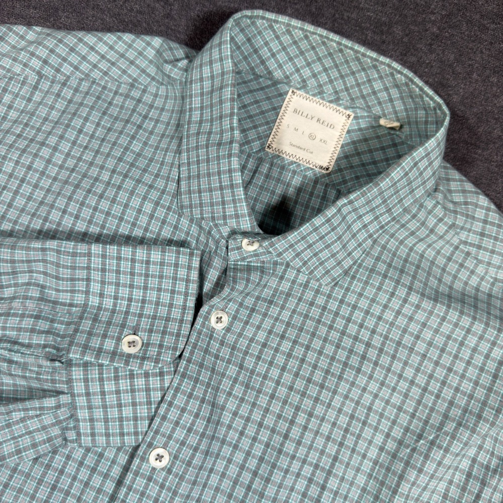 Billy Reid Button Down Shirt Mens XL Green Plaid Standard Cut Long Sleeve Cotton